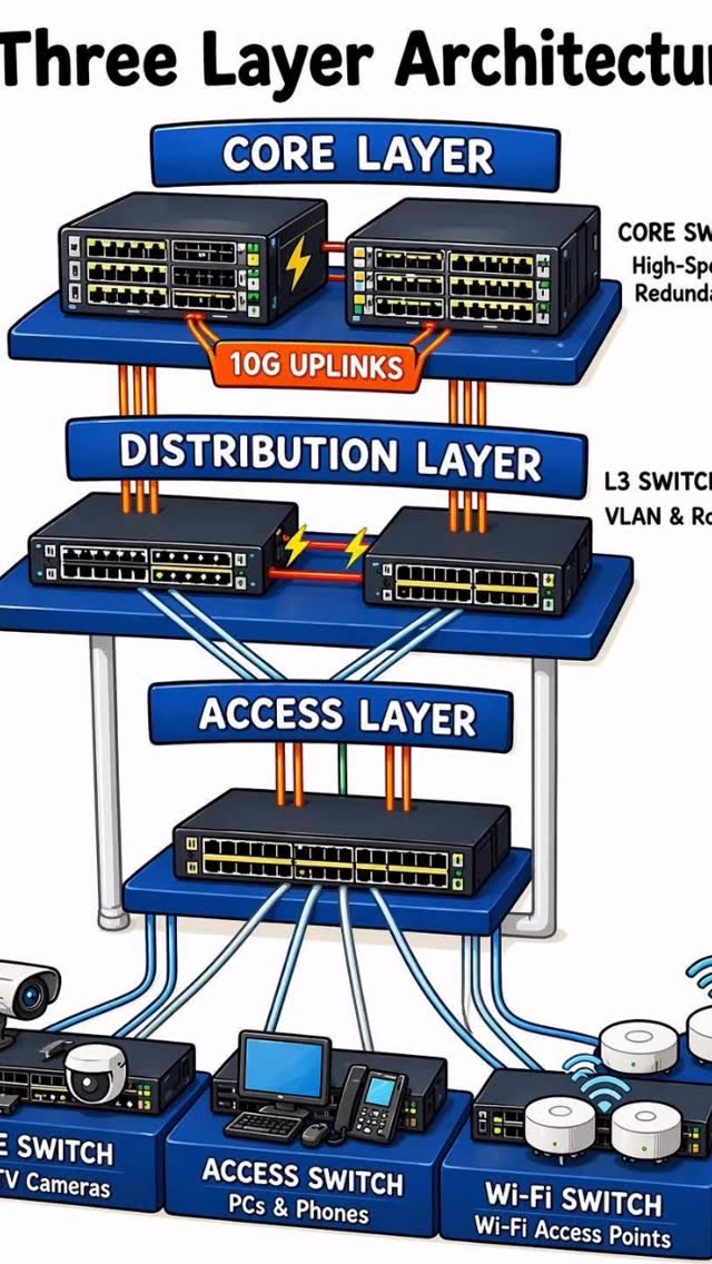 🏗️🌐 Three-Layer Network Architecture — Simplified! Ever wondered how enterprise networks are designe…